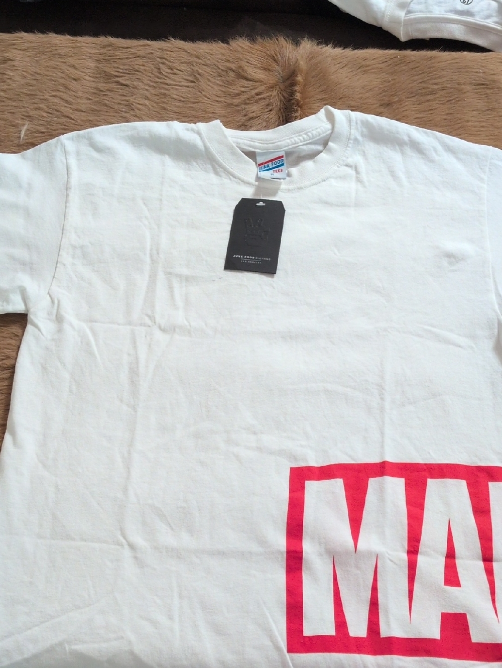 Junk Food TeeMarvel White Short Sleeve T-Shirt with Red Logo Block